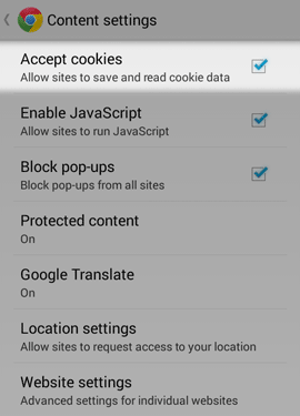 configuración de las cookies de Chrome de Android
