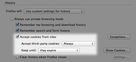Configuración de las cookies de Firefox